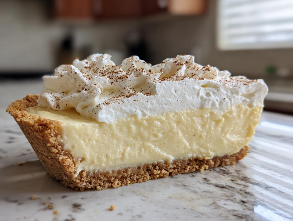 A cross-section slice of no-bake eggnog pie showing the creamy filling, graham cracker crust, and whipped topping dusted with nutmeg.