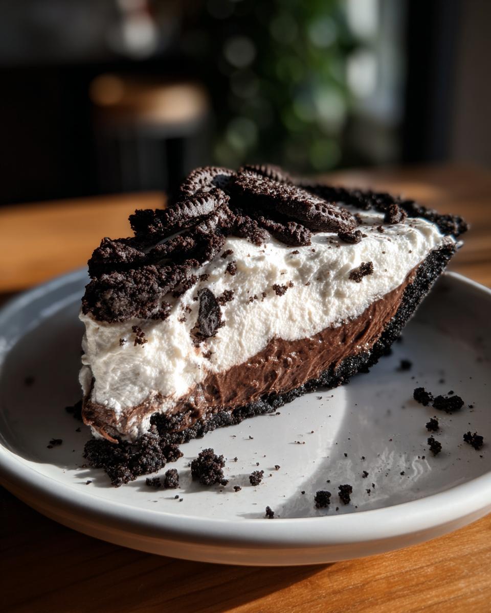 A decadent slice of no bake Oreo pie featuring a dark crust, chocolate filling, and thick whipped topping garnished with cookie pieces.