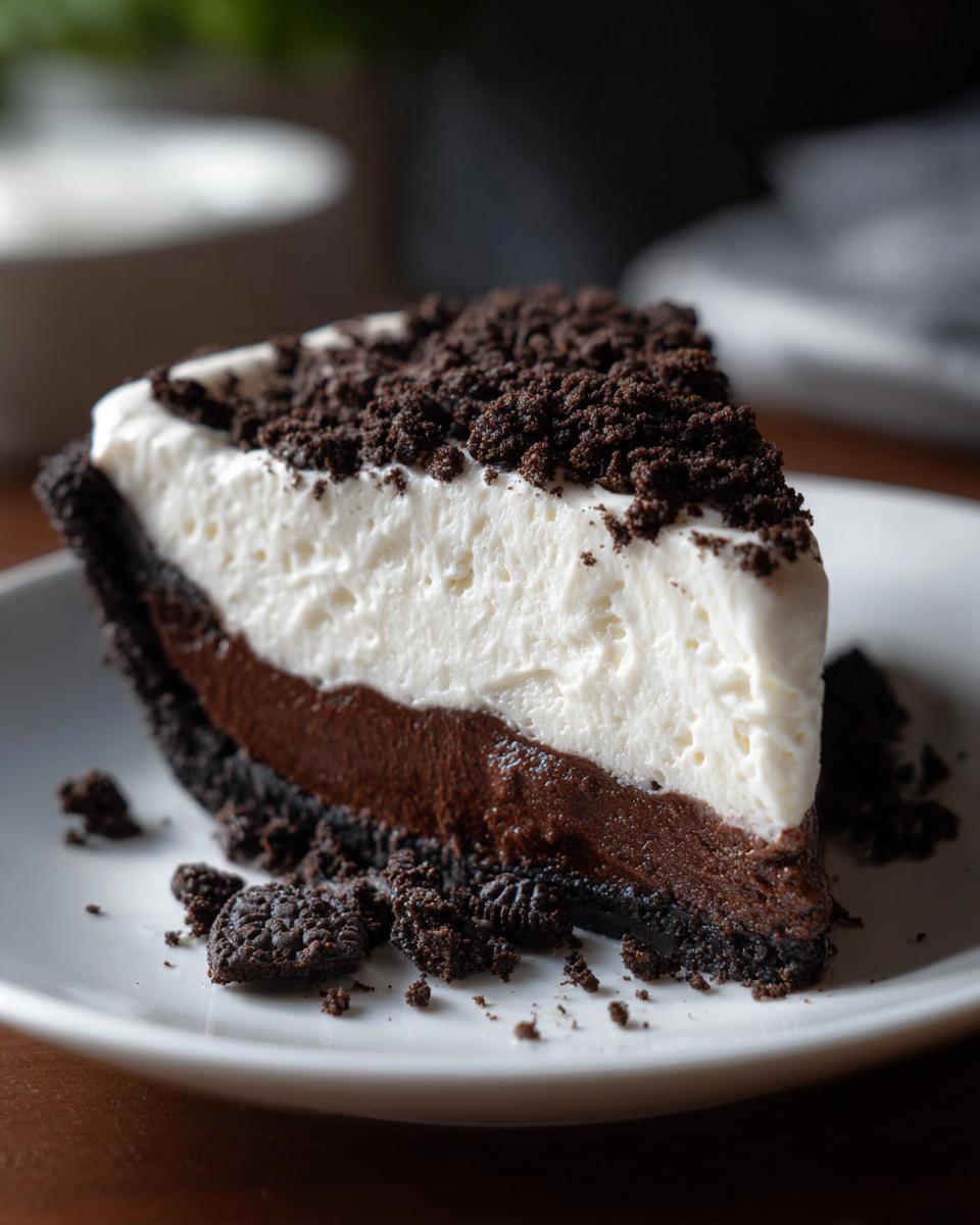 A close-up of a decadent slice of no bake Oreo pie showing a dark crust, chocolate layer, white cream layer, and crumb topping.