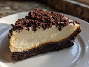A close-up slice of no bake peanut butter pie featuring a thick creamy filling and dark chocolate crumb topping.