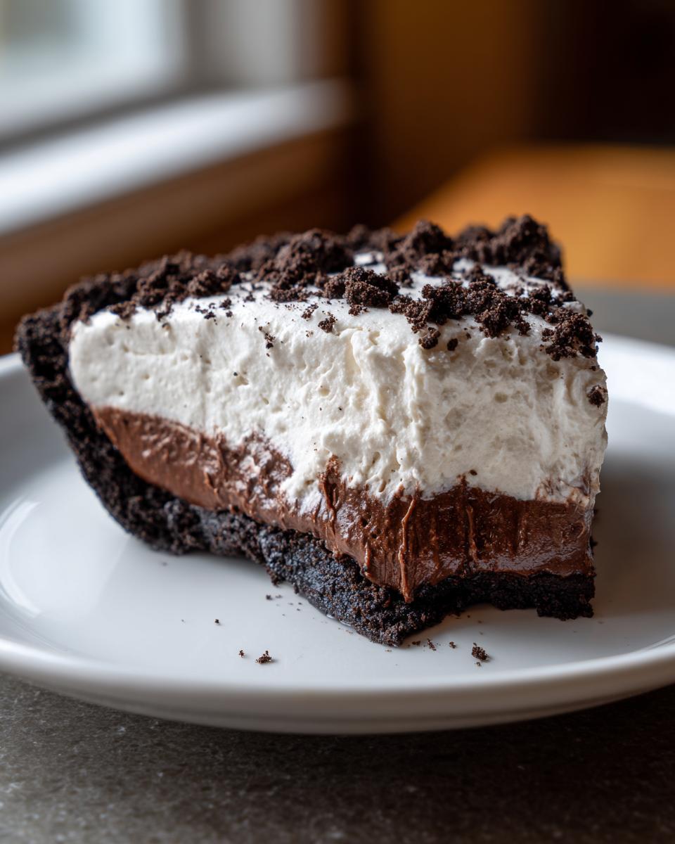 A decadent slice of no bake peanut butter pie featuring a chocolate crust, rich filling, and whipped topping.