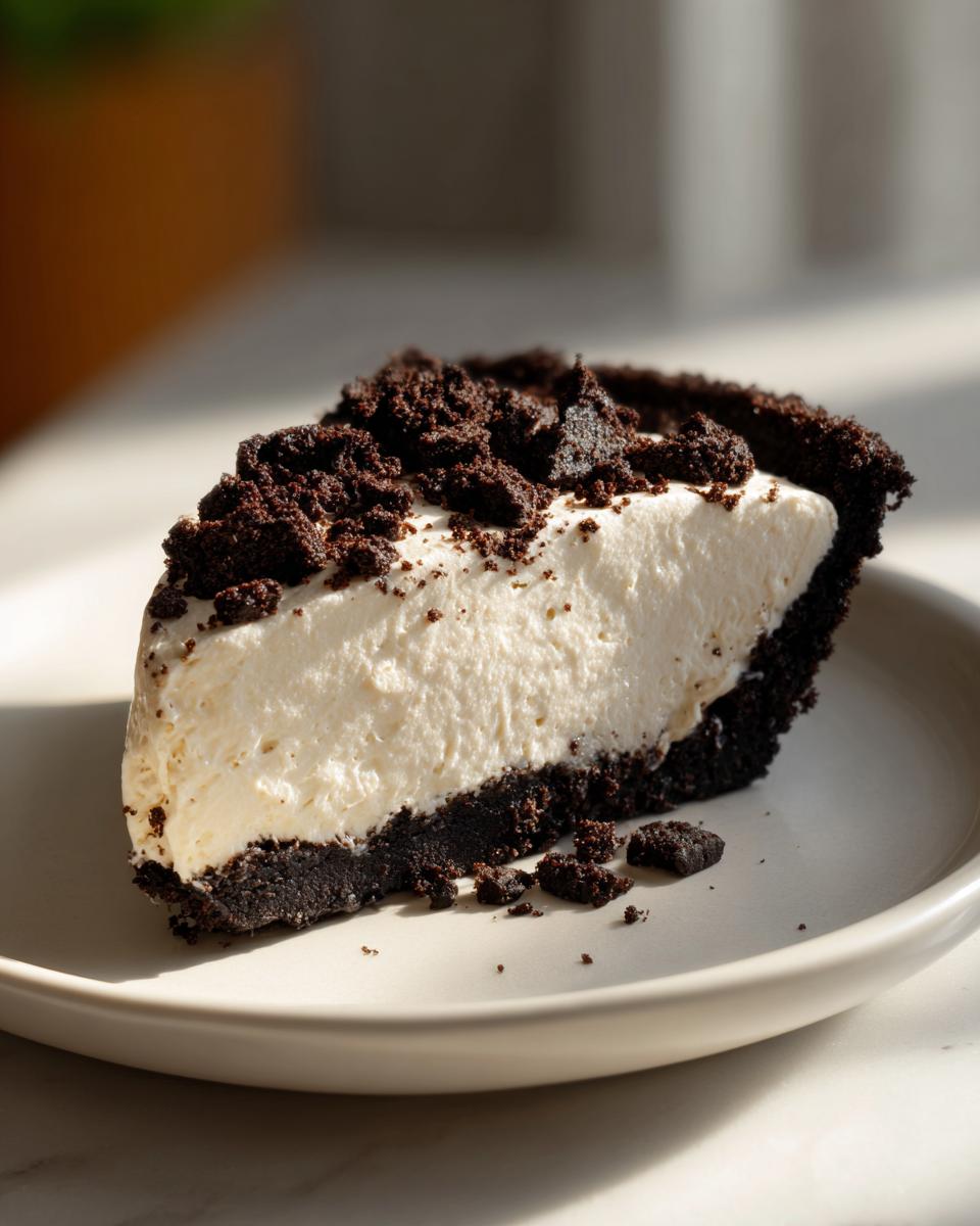 A close-up slice of no bake peanut butter pie featuring a thick, creamy white filling and a dark chocolate crumb crust.