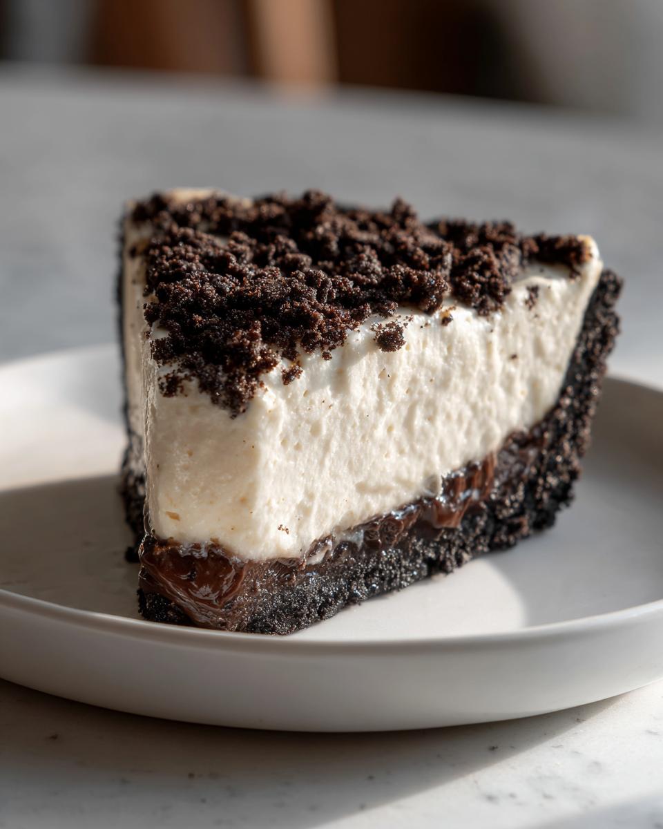 A decadent slice of no bake peanut butter pie featuring a dark chocolate crust, creamy filling, and chocolate crumb topping.