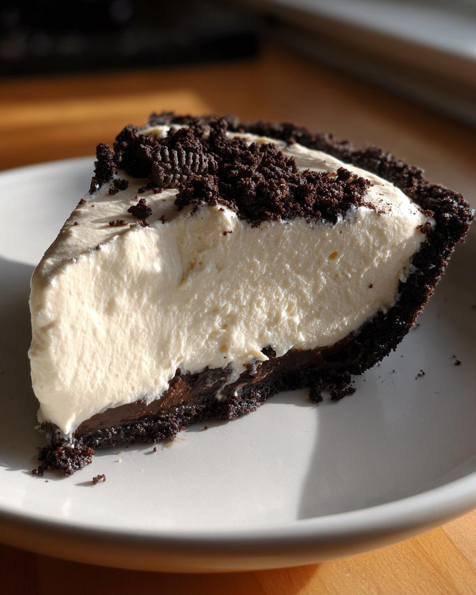A thick slice of no bake peanut butter pie featuring a dark cookie crust and creamy filling, topped with cookie crumbs.