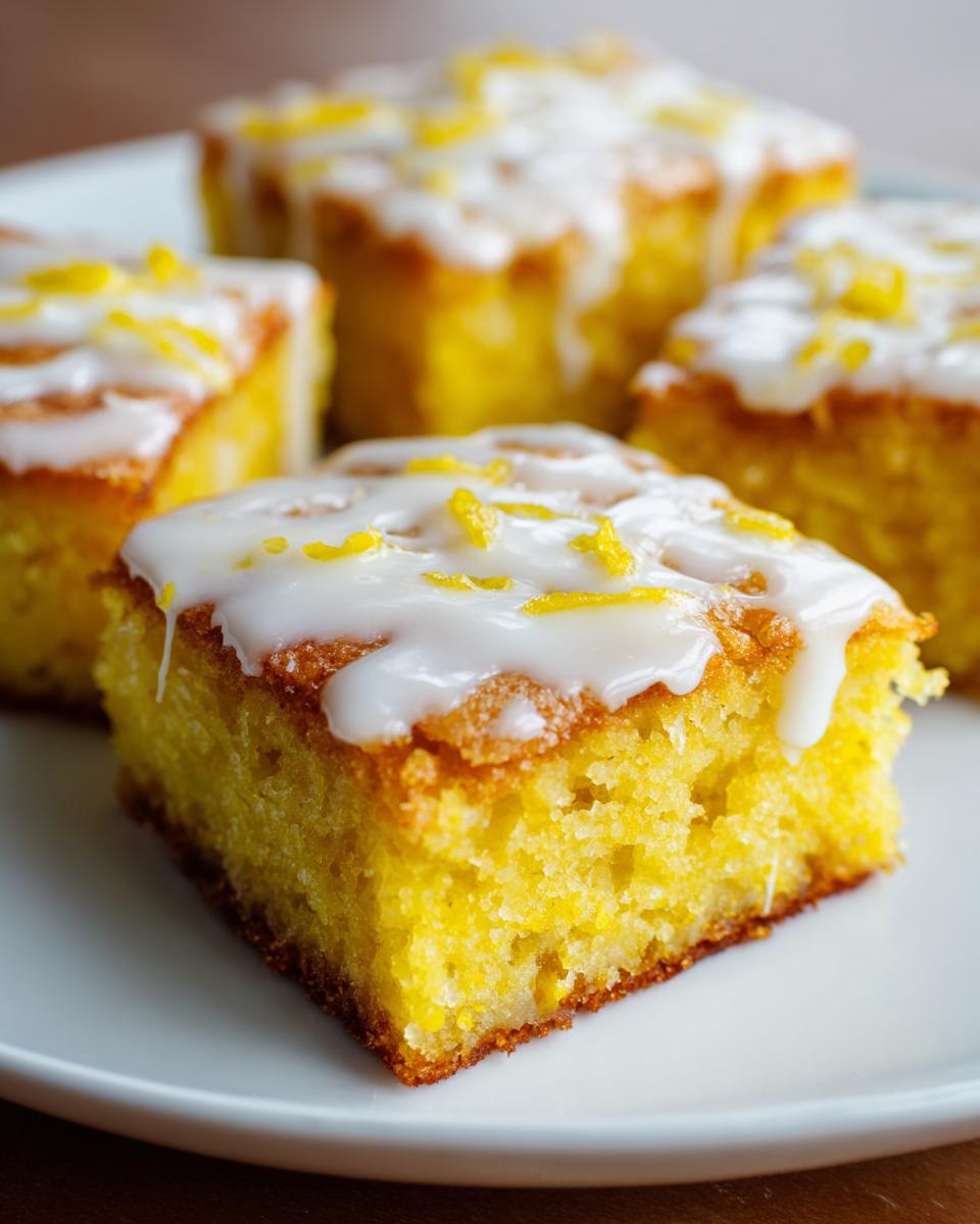 A close-up of a square, bright yellow lemon brownies slice topped with white glaze and lemon zest.
