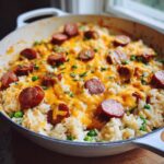 Close-up of a one-pot sausage and rice dish topped with melted cheddar cheese and green peas.