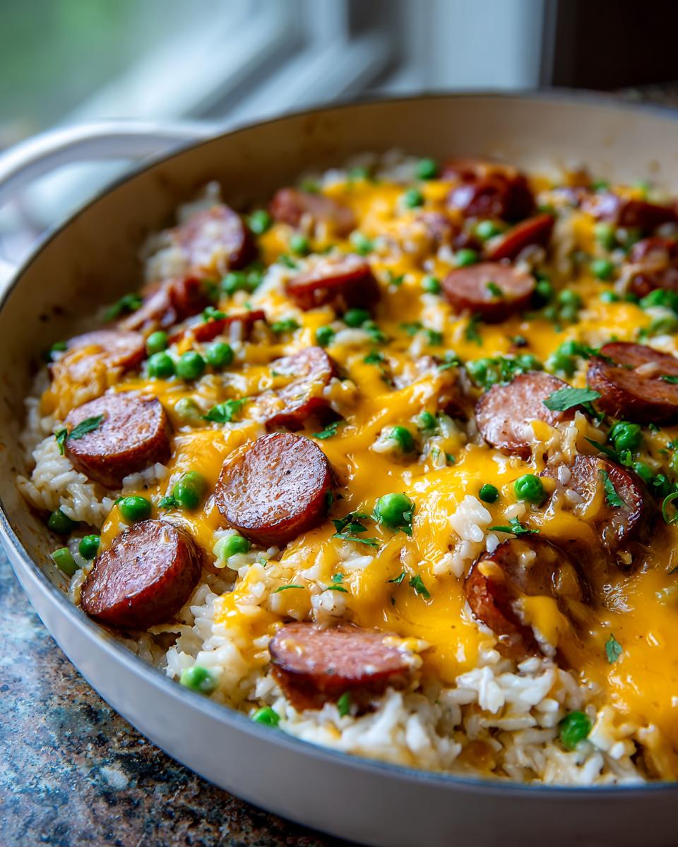 Close-up of a one-pot sausage and rice dish topped with melted cheddar cheese, sliced smoked sausage, and green peas.