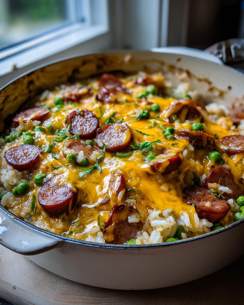 Close-up of a one-pot sausage and rice dish topped with melted cheddar cheese, sliced sausage, and green peas.