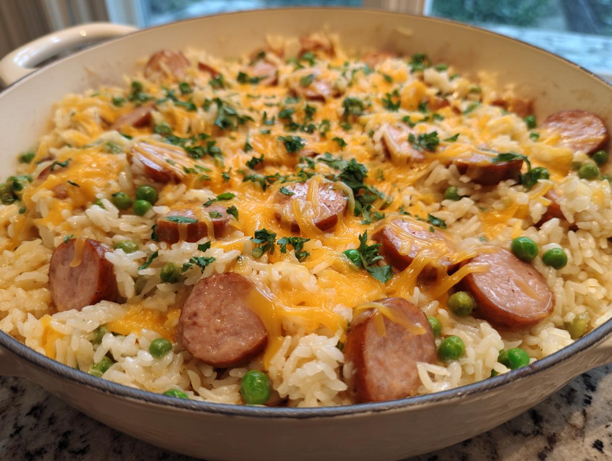 Close-up of a one-pot sausage and rice dish topped with melted cheddar cheese, green peas, and fresh parsley.