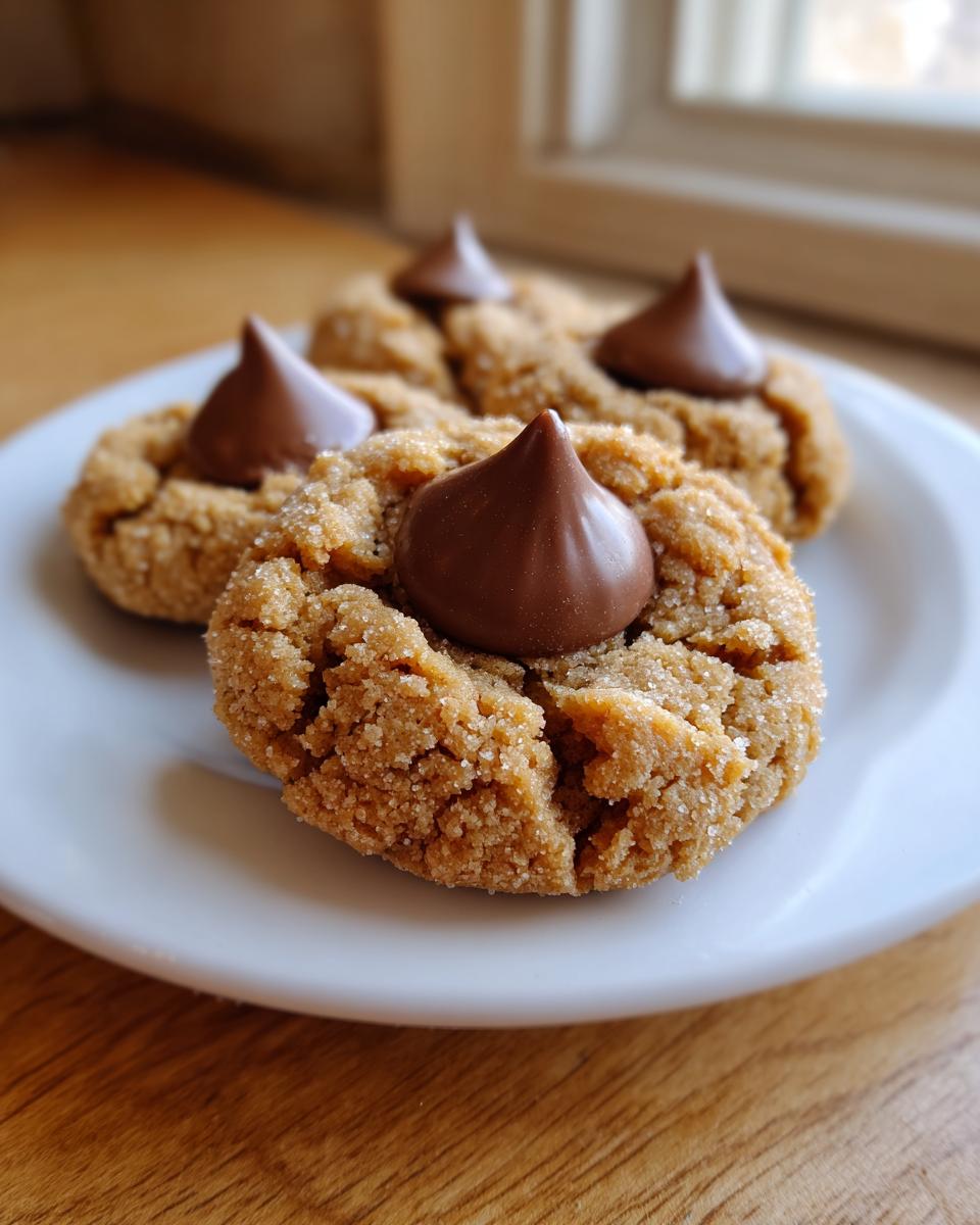 Three delicious peanut butter blossom cookies, rolled in sugar and topped with a chocolate kiss, resting on a white plate.