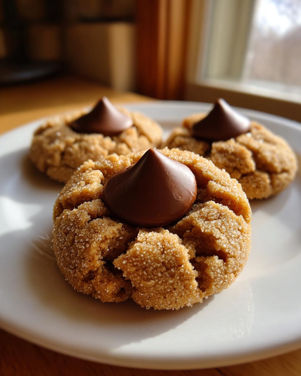 Three classic peanut butter blossom cookies, rolled in sugar and topped with a chocolate kiss, sitting on a white plate.