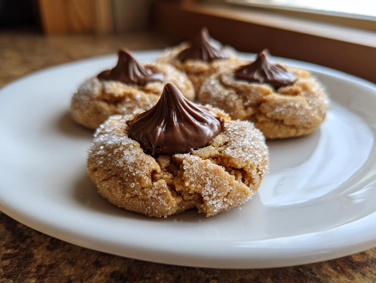 Close-up of three freshly baked peanut butter blossom cookies rolled in sugar with chocolate kisses on top.