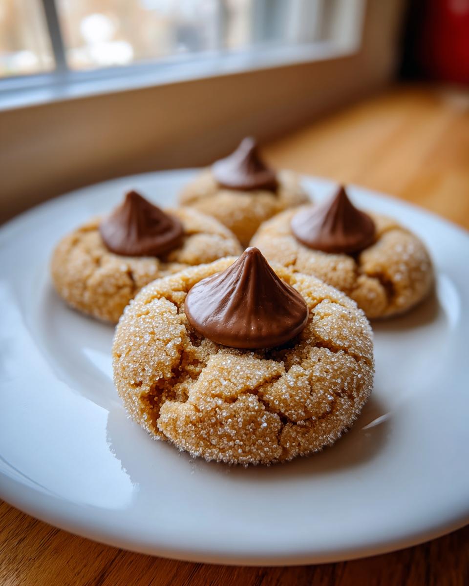 Four freshly baked peanut butter blossom cookies, rolled in sugar and topped with a chocolate kiss, sitting on a white plate.