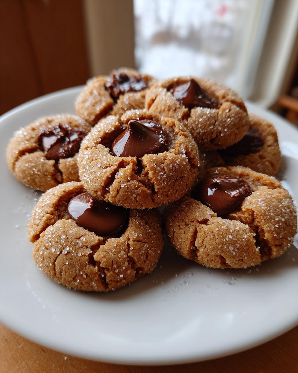 A close-up of several sugar-coated peanut butter blossoms cookies topped with melted chocolate kisses.