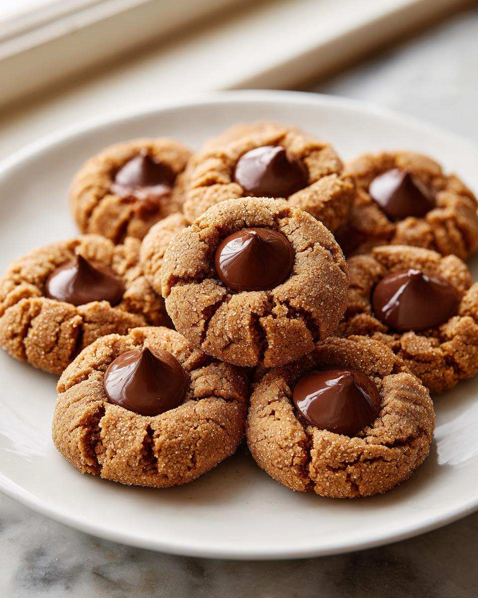 A close-up of several freshly baked peanut butter blossoms piled on a white plate, each topped with a chocolate kiss.