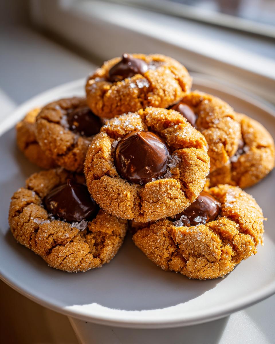 A stack of warm, golden peanut butter blossoms cookies topped with melted chocolate, sparkling with sugar.