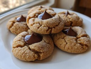 A pile of freshly baked peanut butter blossoms, rolled in sugar and topped with a melted chocolate kiss.