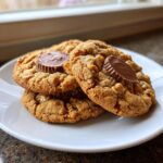Three freshly baked peanut butter cup cookies stacked on a white plate, featuring melted peanut butter filling.