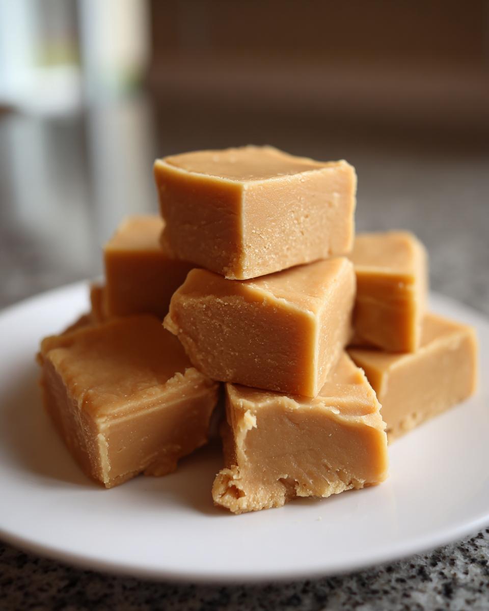 A stack of creamy, light brown peanut butter fudge squares piled on a white plate.
