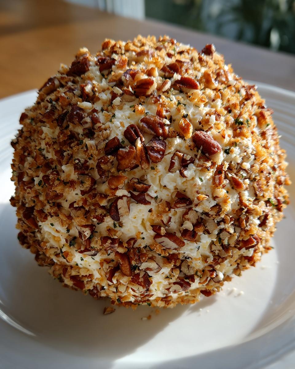 A perfectly formed cheese ball recipe coated entirely in chopped pecans and herbs, sitting on a white plate.