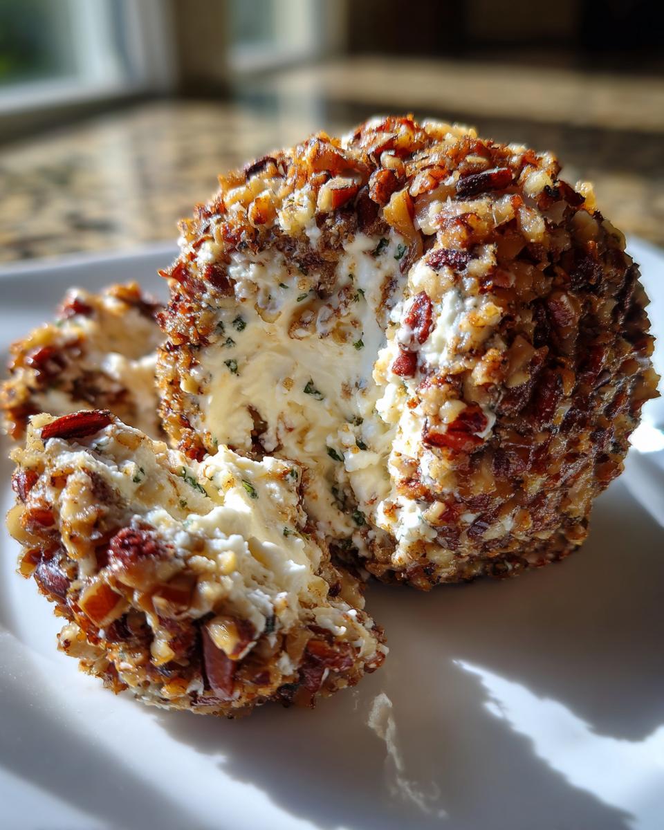 A close-up showing a section cut from a pecan-crusted cheese ball recipe, revealing the creamy interior with herbs.