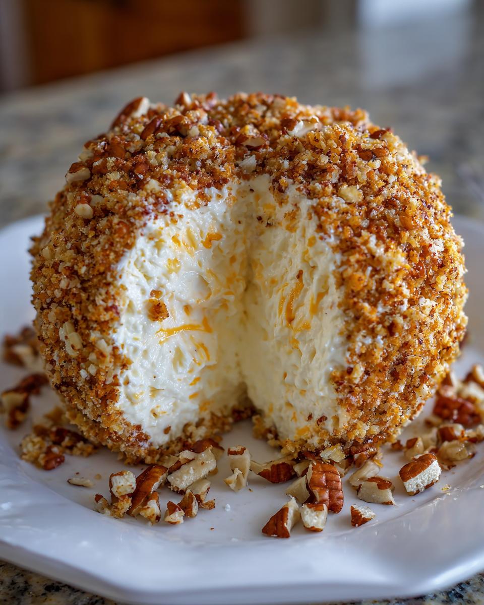 A large, creamy cheese ball recipe coated in chopped pecans, with a piece removed to show the soft interior with cheddar.