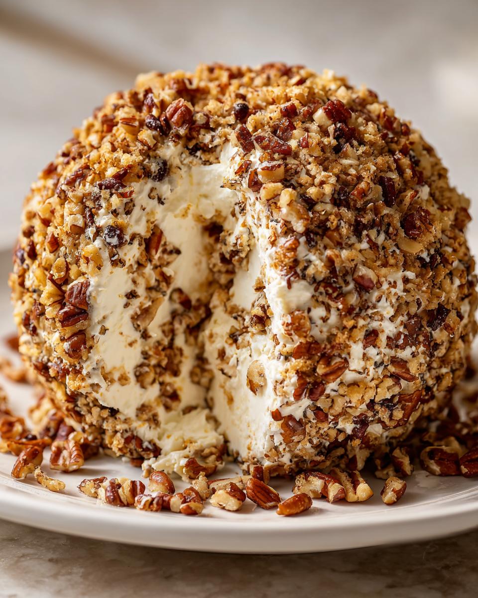Close-up of a creamy cheese ball recipe coated in chopped pecans, with a slice taken out to show the texture.