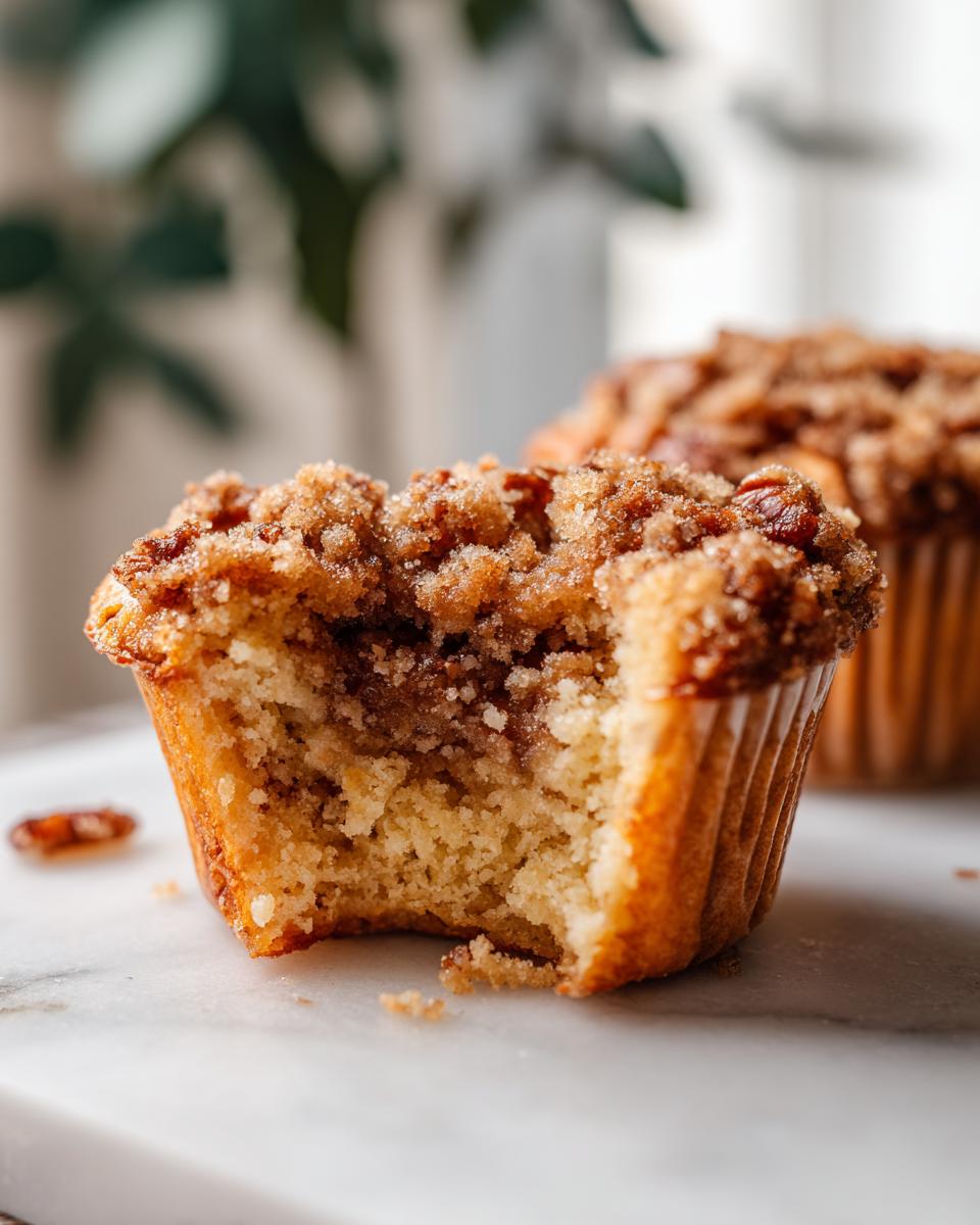 Close-up of a pecan pie muffin with a bite taken out, showing the moist interior and sugary pecan topping.
