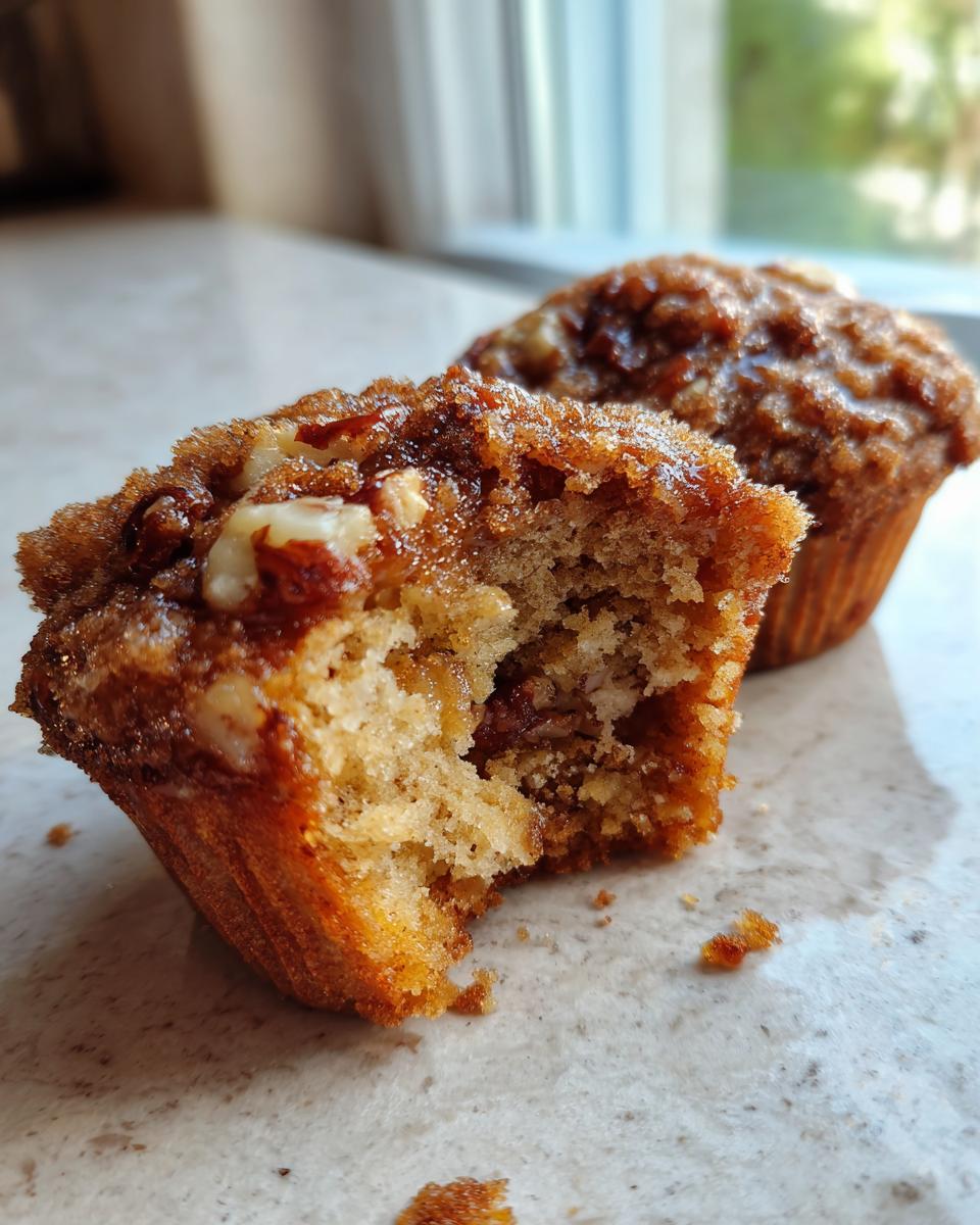 A close-up shot of one pecan pie muffin broken open showing the moist interior and pecan pieces, with another whole muffin behind it.