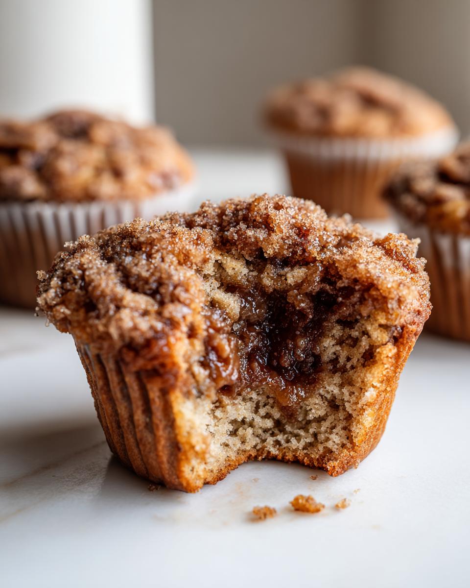 A pecan pie muffin with a bite taken out, revealing a gooey pecan filling and crumb topping.