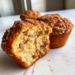 A pecan pie muffin cut in half showing the moist interior and pecan pieces, topped with a cinnamon streusel.