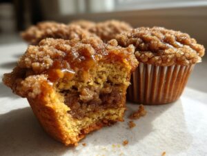 Close-up of a pecan pie muffin cut in half, showing the gooey filling and sugary crumb topping.
