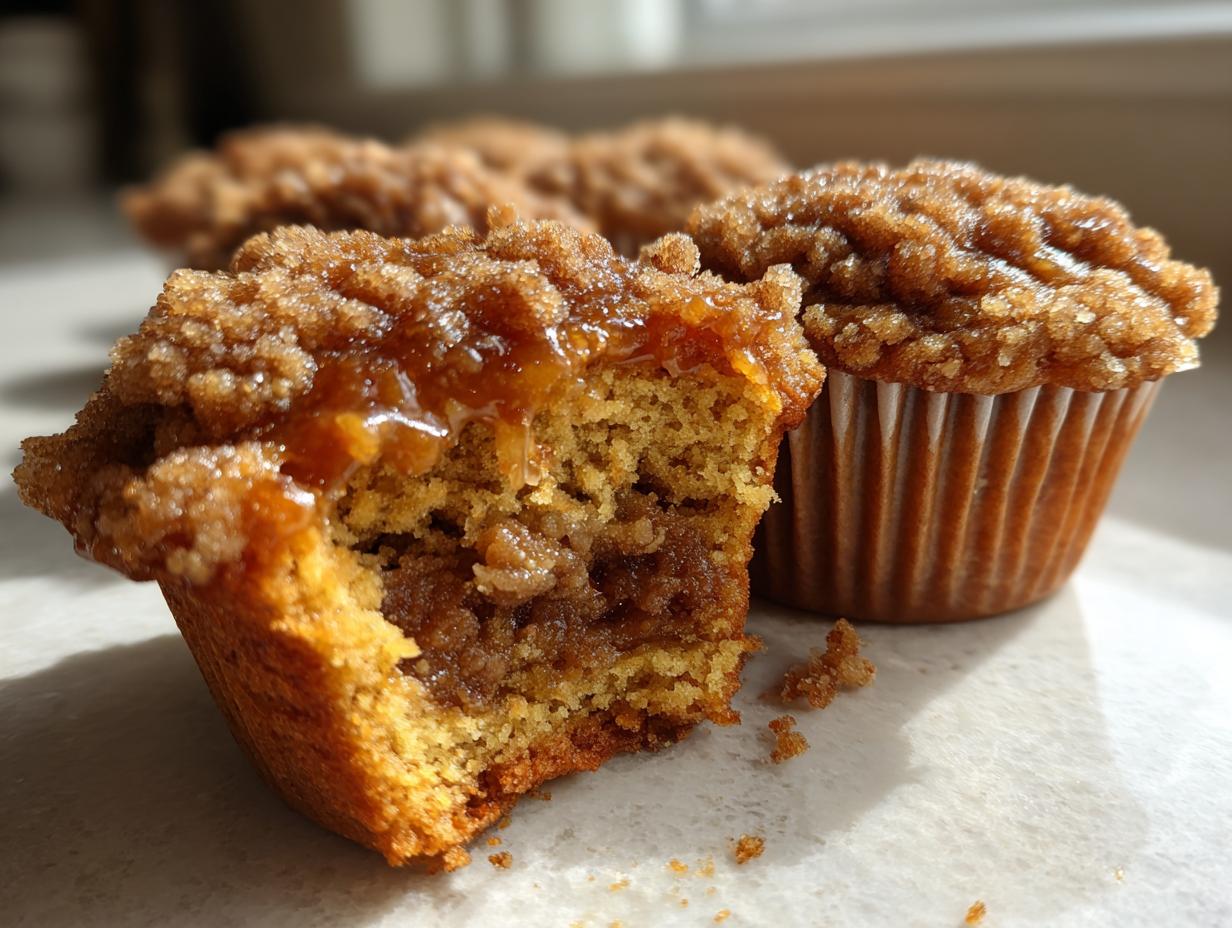 Close-up of a pecan pie muffin cut in half, showing the gooey filling and sugary crumb topping.