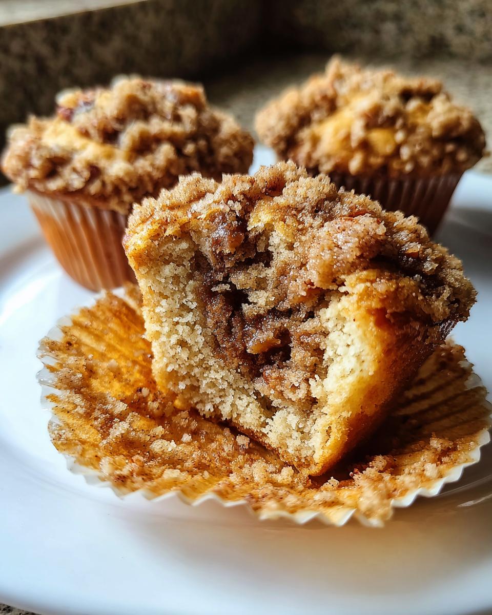 Close-up of a pecan pie muffin cut in half showing the gooey center and crumb topping. Three pecan pie muffins total.