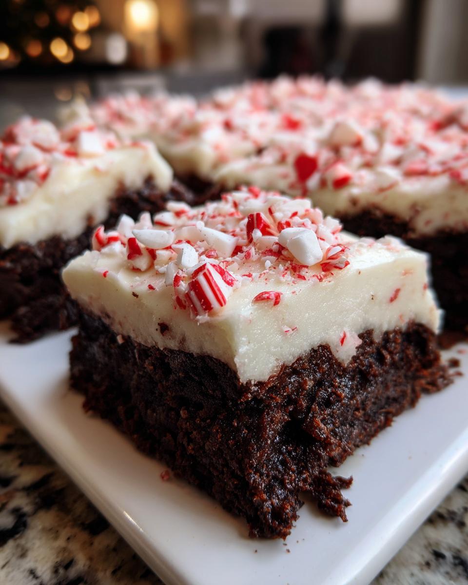 A close-up of a rich, dark chocolate peppermint brownie topped with thick white frosting and crushed candy canes.