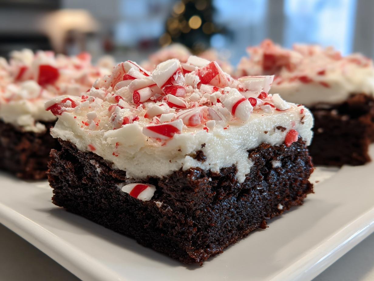 A close-up of a fudgy peppermint brownie square topped with thick white frosting and crushed candy canes.