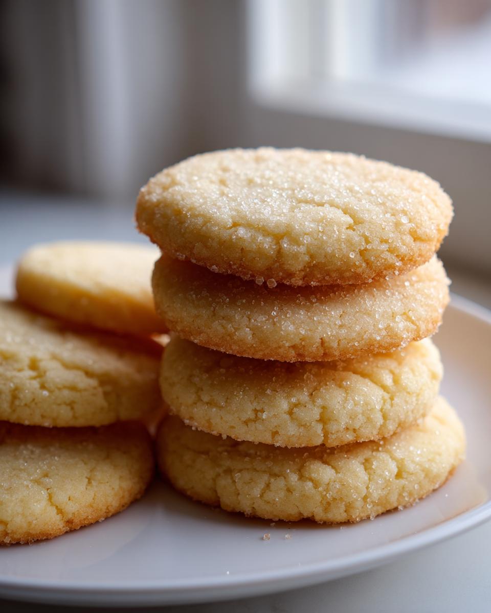 A close-up stack of five golden brown sugar cookie rounds, generously topped with sparkling granulated sugar.