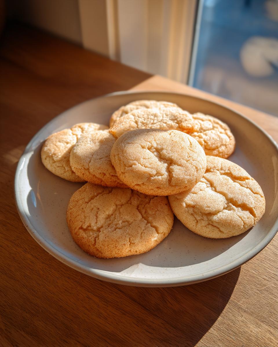 A plate of freshly baked, round sugar cookies coated in cinnamon sugar, sitting on a wooden surface near a window.