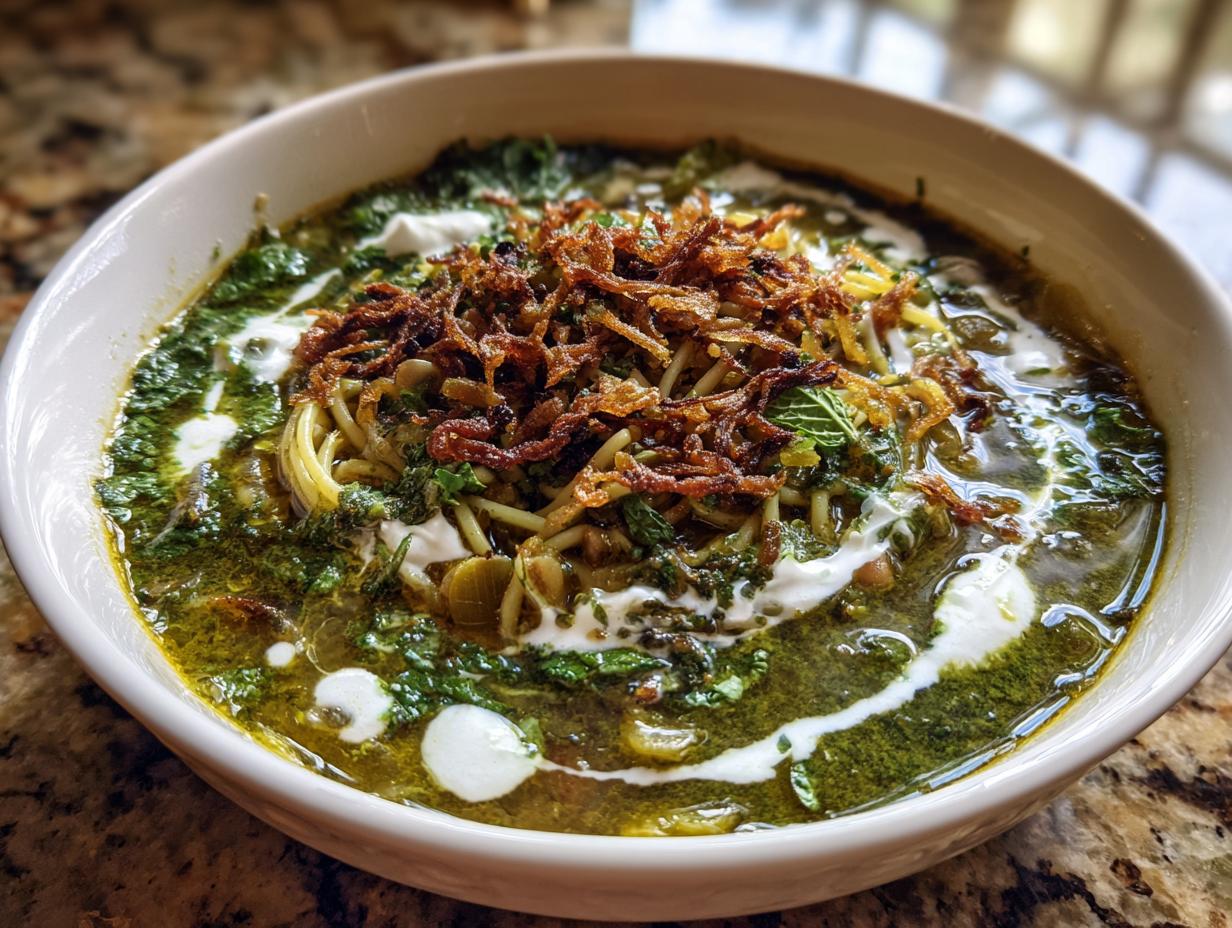 A close-up of a bowl of vibrant green Persian noodle soup topped with fried onions and a swirl of white yogurt or cream.