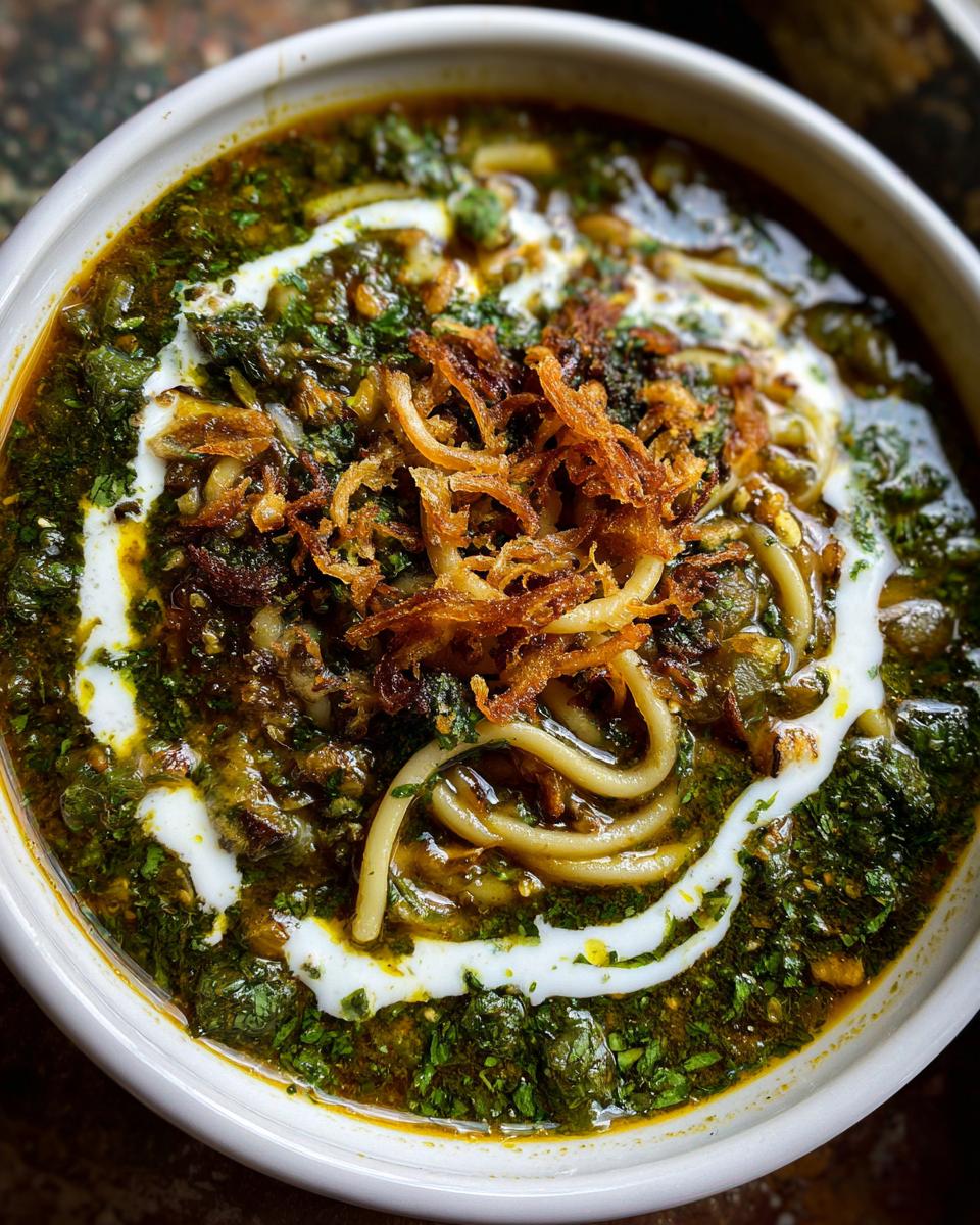 Close-up of rich, dark green Persian noodle soup topped with fried onions and a swirl of white cream.