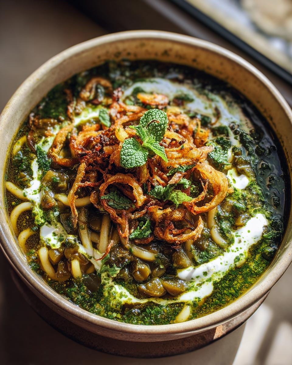 Close-up of rich, green Persian noodle soup topped with crispy fried onions, yogurt swirl, and mint.