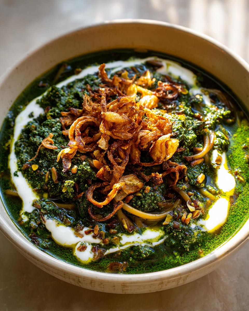 Close-up of a vibrant bowl of Persian noodle soup (Ash Reshteh style) topped with fried onions and a swirl of yogurt.