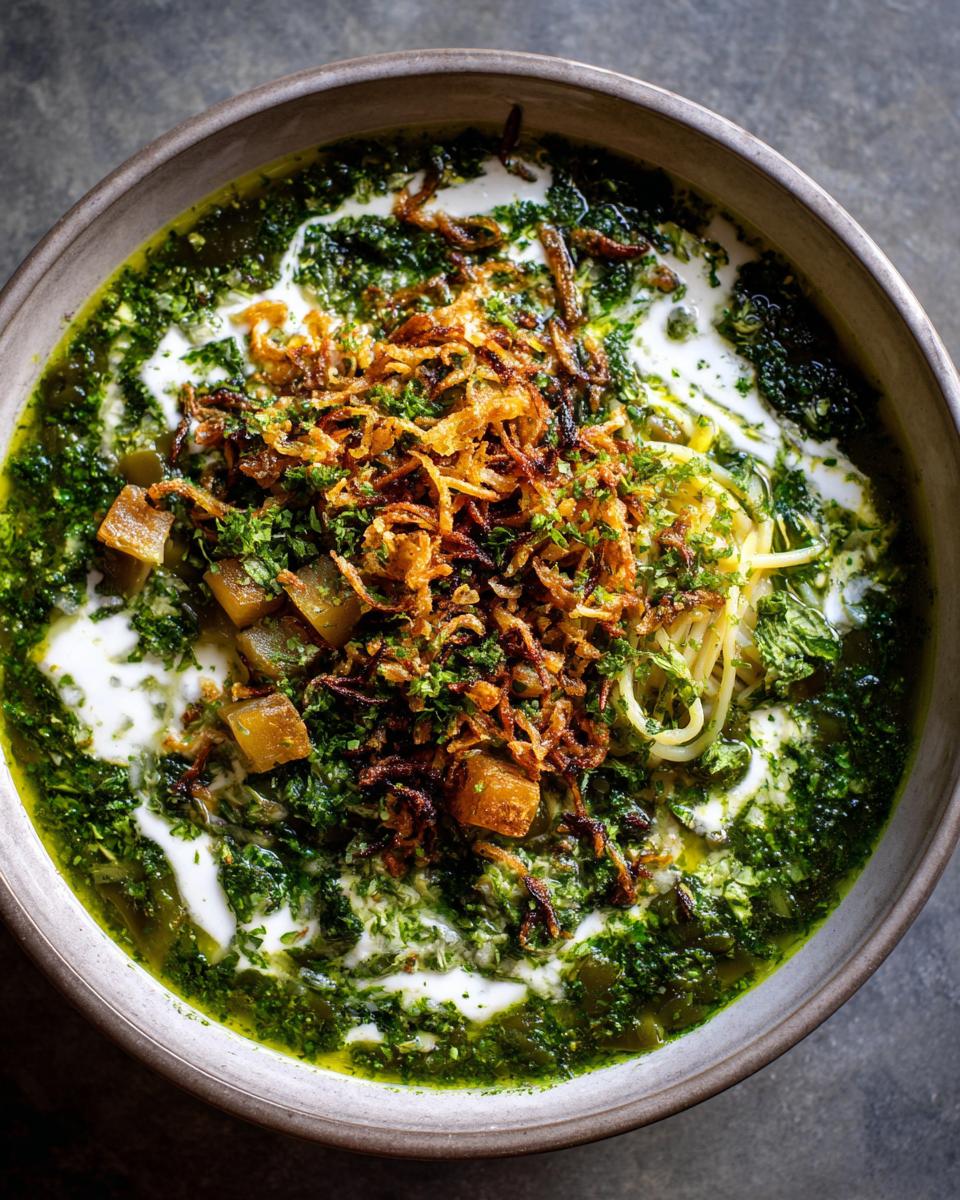 A bowl of vibrant green Persian noodle soup topped with fried onions, herbs, and a swirl of white yogurt or cream.