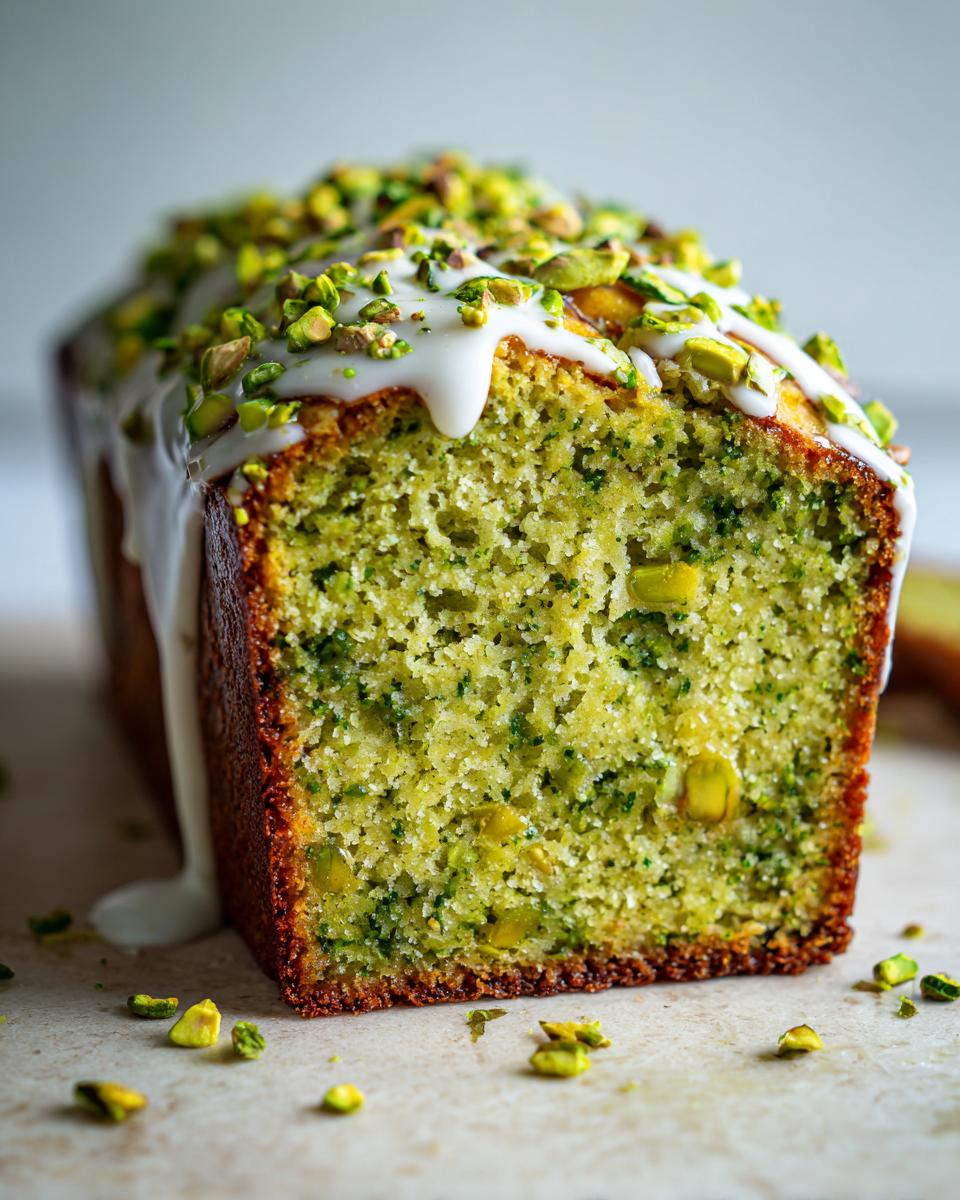 Close-up of a slice of bright green pistachio bread, drizzled with white glaze and topped with chopped pistachios.