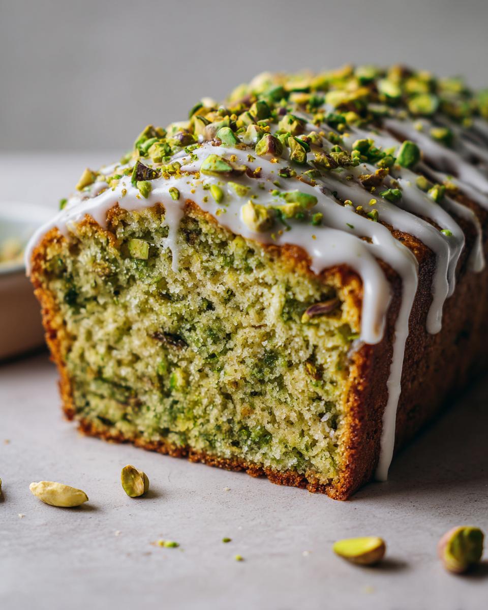 A close-up view of a sliced pistachio bread loaf topped with white glaze and chopped pistachios.