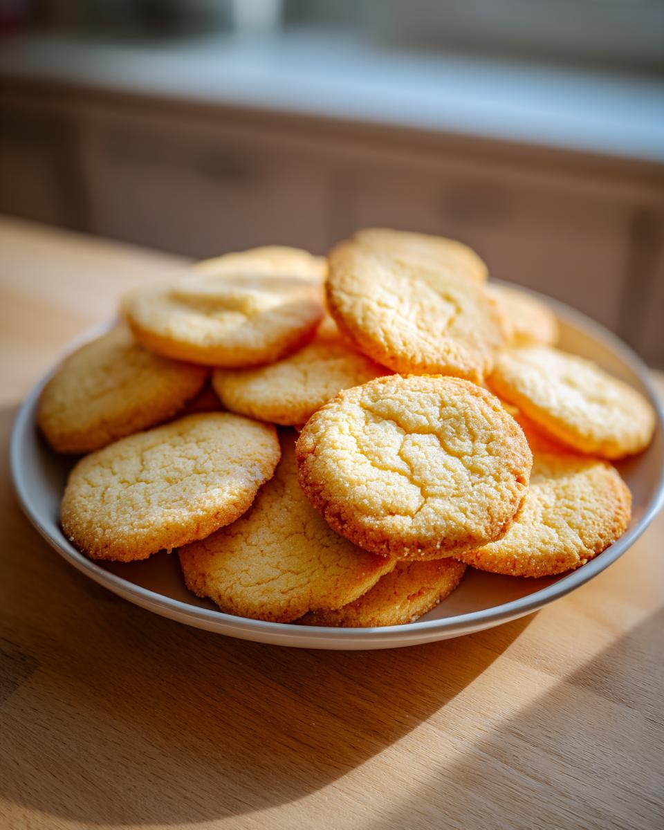 A plate piled high with golden brown, round sugar cookies that have held their shape well.