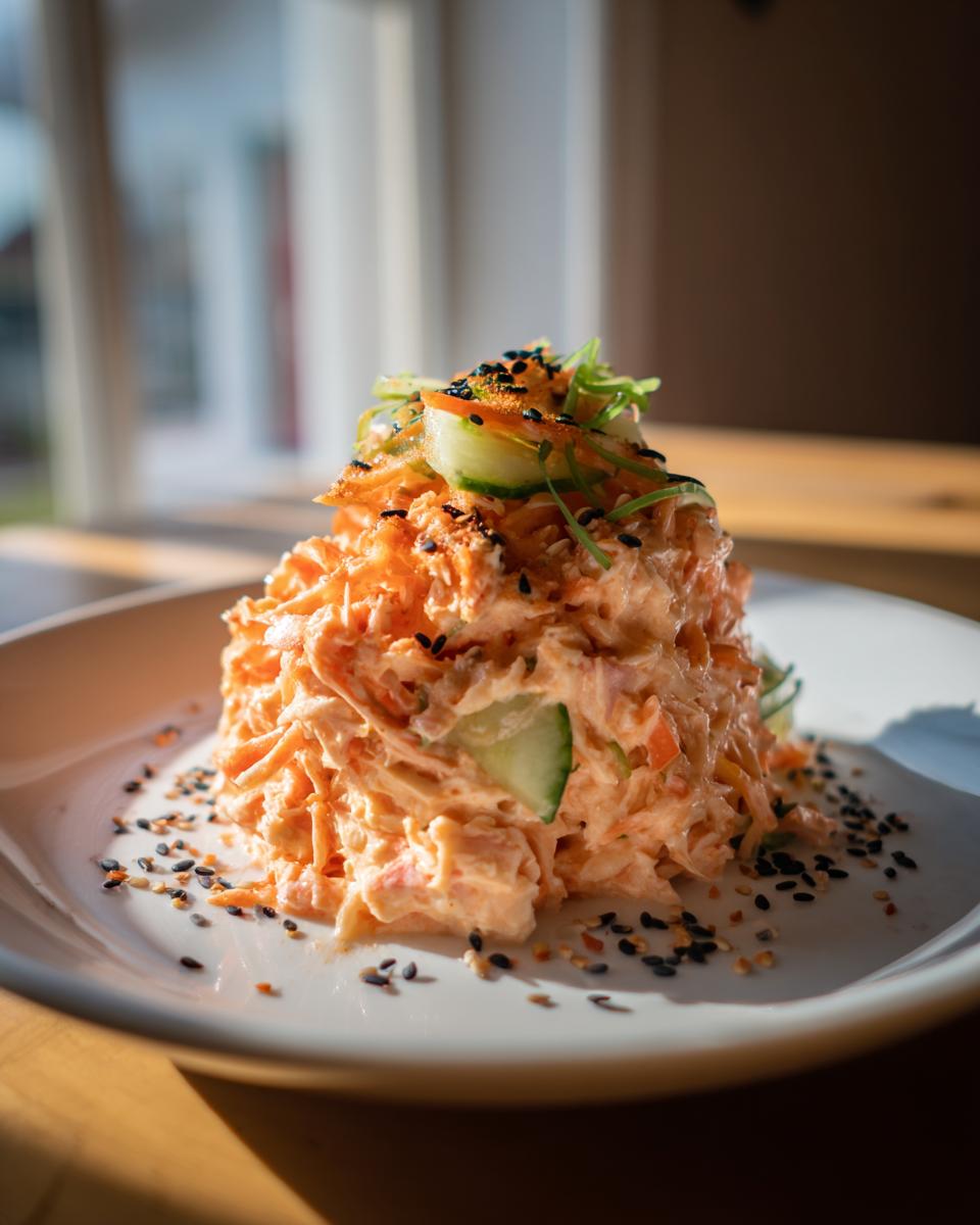 A tall mound of creamy, shredded kani salad topped with cucumber slices and black sesame seeds.