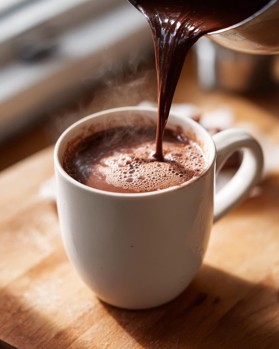 Thick, rich hot chocolate being poured into a white mug as part of a crockpot hot chocolate recipe.