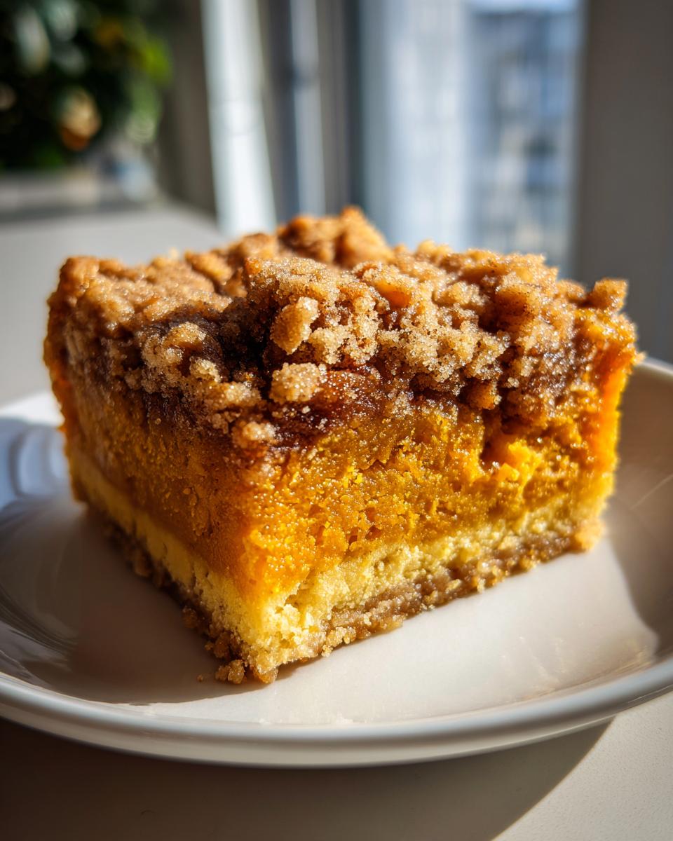 A square slice of rich orange pumpkin crunch cake featuring a thick, sugary brown crumb topping on a white plate.