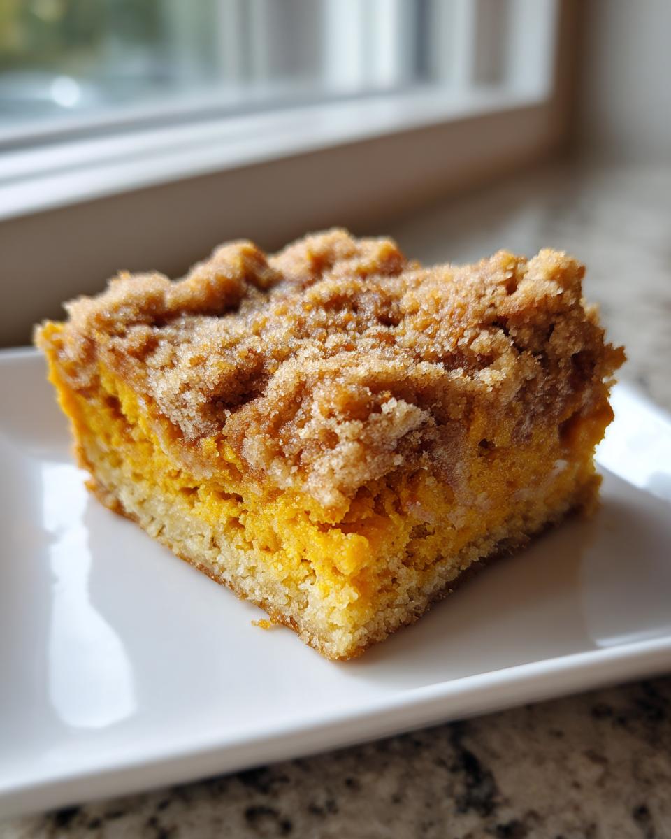 A single serving slice of pumpkin crunch cake showing the orange pumpkin layer and brown sugar streusel topping.